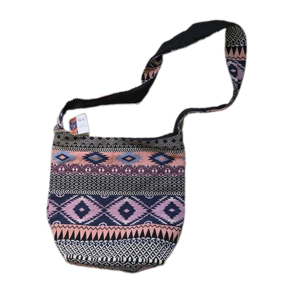 NWT Trades of Hope Boho Aztec Crossbody Shoulder Bag Pink Black Cotton Zip Tote